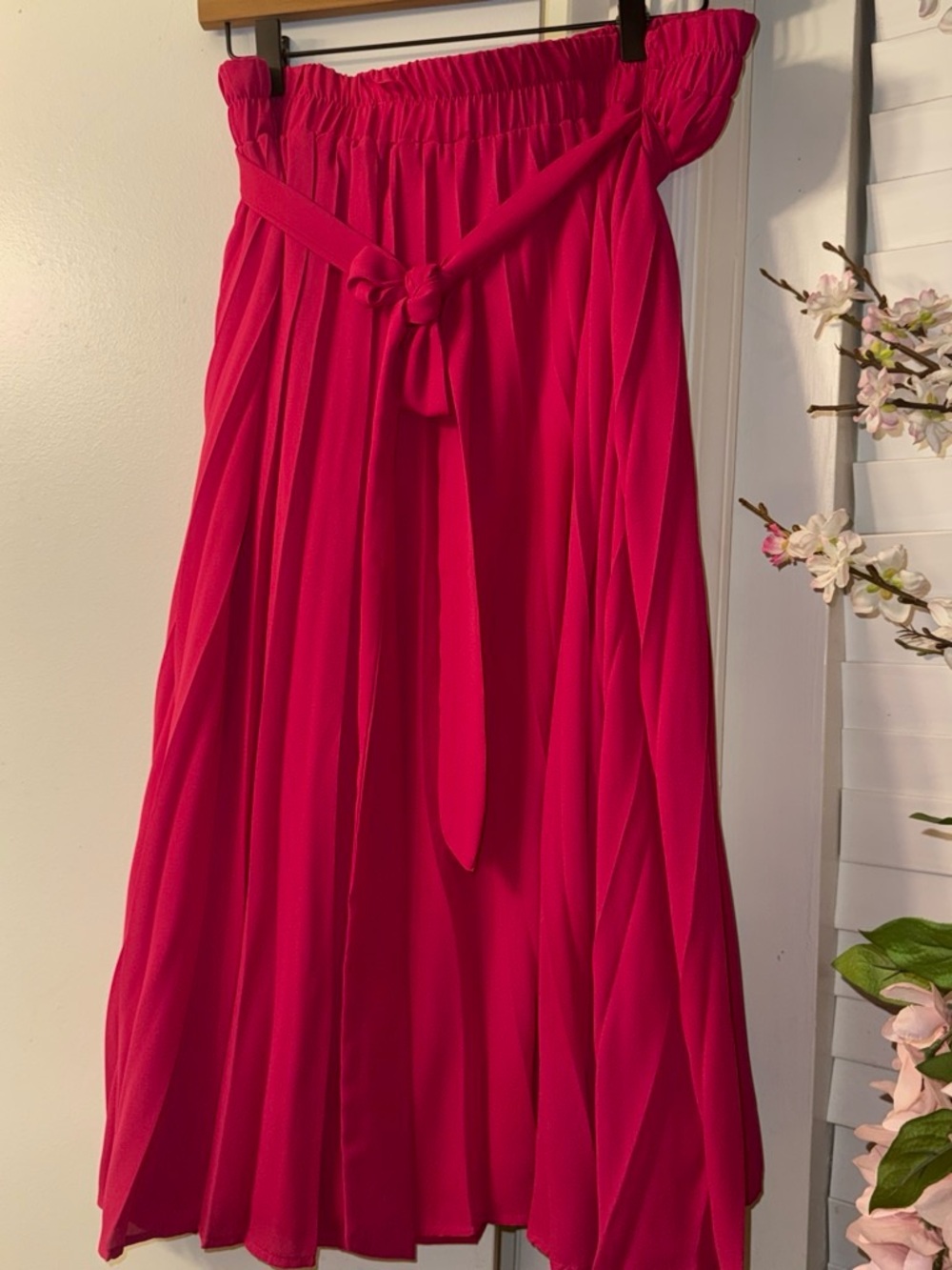 New York & Company Fuchsia Pleated Maxi Dress with Tie Waist